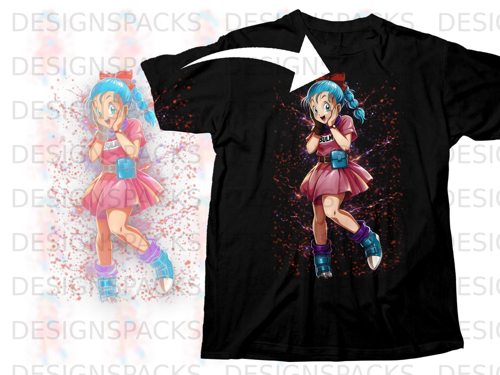 Black t-shirt with Bulma from Dragon Ball anime graphic, splash art design.