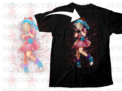 Black t-shirt with Bulma from Dragon Ball anime graphic, splash art design.