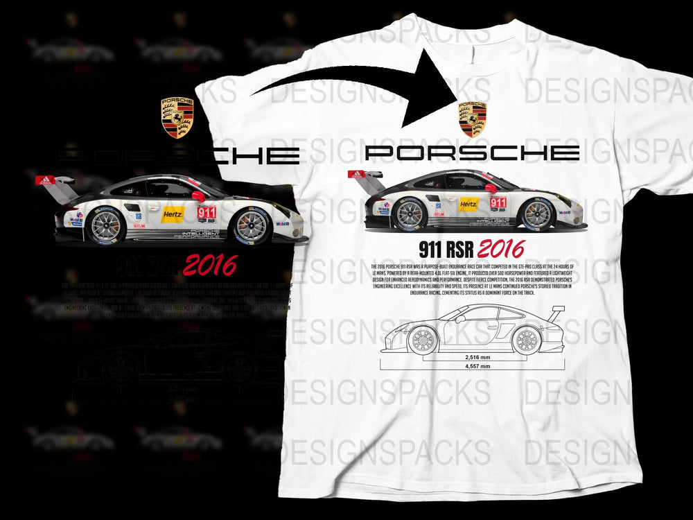 Porsche 911 RSR 2016 Racing Car Graphic T-Shirt, Motorsport White Tee, Collector's Apparel, Car Enthusiast Gift Idea