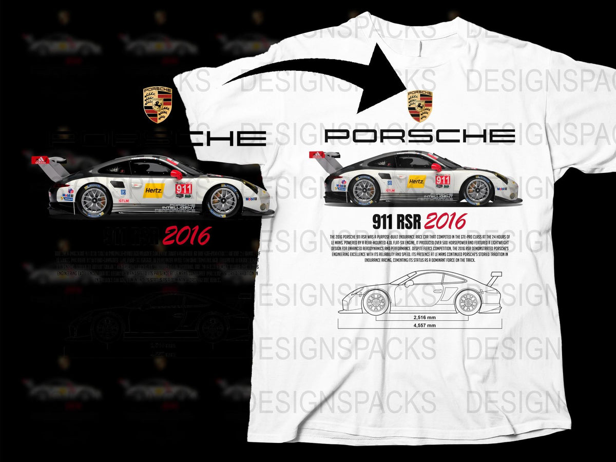 Porsche 911 RSR 2016 Racing Car Graphic T-Shirt, Motorsport White Tee, Collector's Apparel, Car Enthusiast Gift Idea