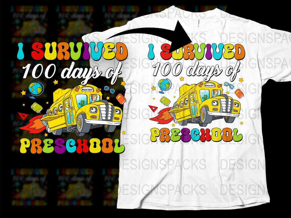 I Survived 100 Days of Preschool T-Shirt, Colorful School Bus Graphic, Kids Celebration Tee