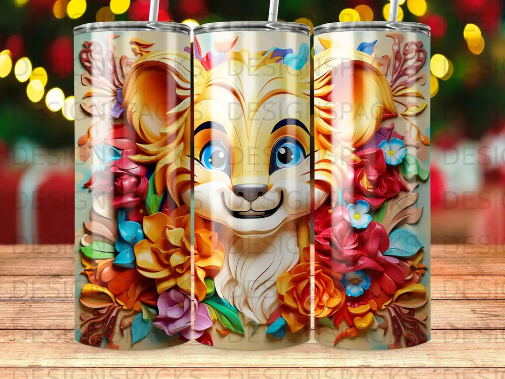 Lion cub surrounded by colorful flowers and leaves design on a tumbler.