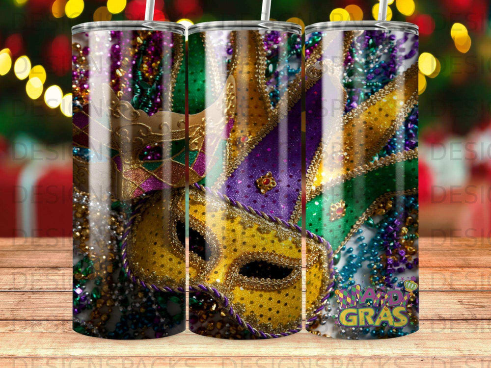 Mardi Gras mask with purple, green, and gold glitter and beads.