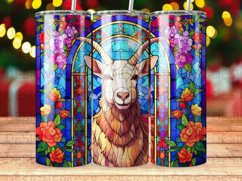 Stained glass goat illustration with colorful flowers on a tumbler.