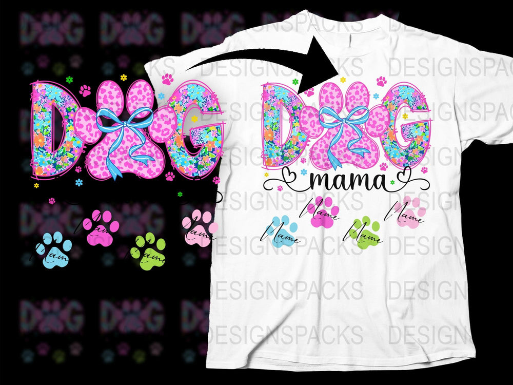 Colorful Dog Mama T-Shirt, Floral Paw Print Design, Cute Pet Lover Gift, Women's Fashion Top