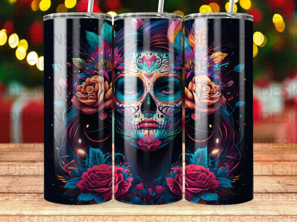Sugar skull woman with flowers, detailed face paint, vibrant colors, on a black background.