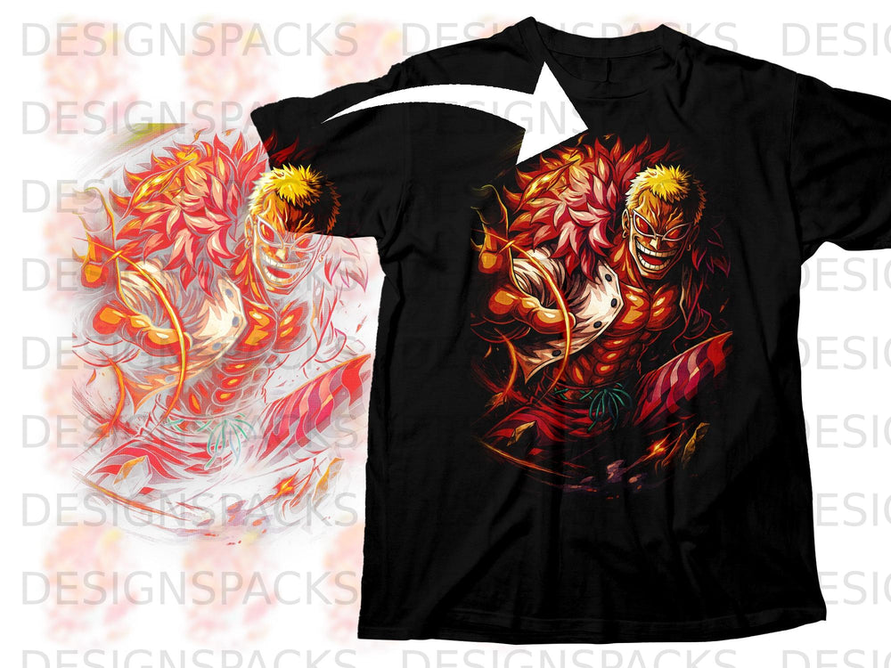 Black t-shirt featuring a fiery anime character with blonde hair and pink sunglasses.