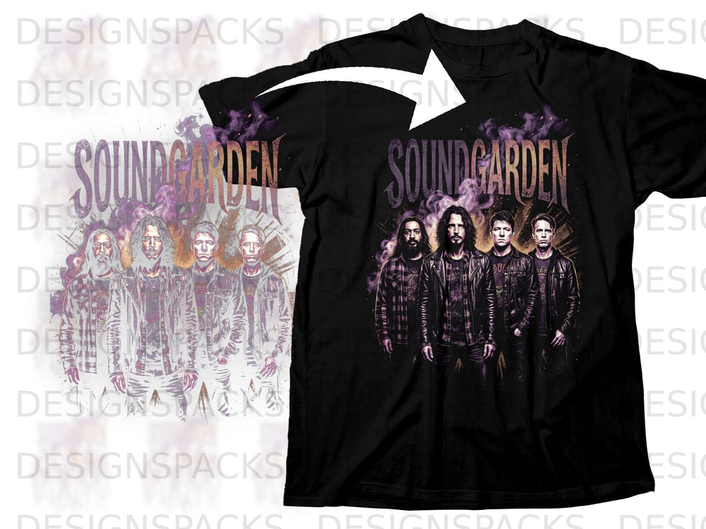 Black t-shirt with Soundgarden band graphic and purple smoke.