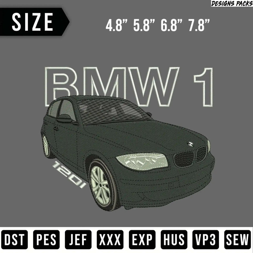 Dark grey BMW 1 Series car embroidery design with sizes and file types.
