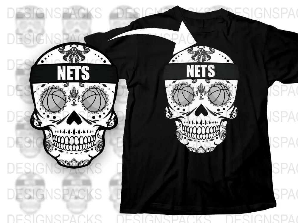 Sugar Skull T-Shirt, Brooklyn Nets Inspired Graphic Tee, Unisex Black Cotton Shirt, Sports Fan Apparel, Unique Skull Design Top