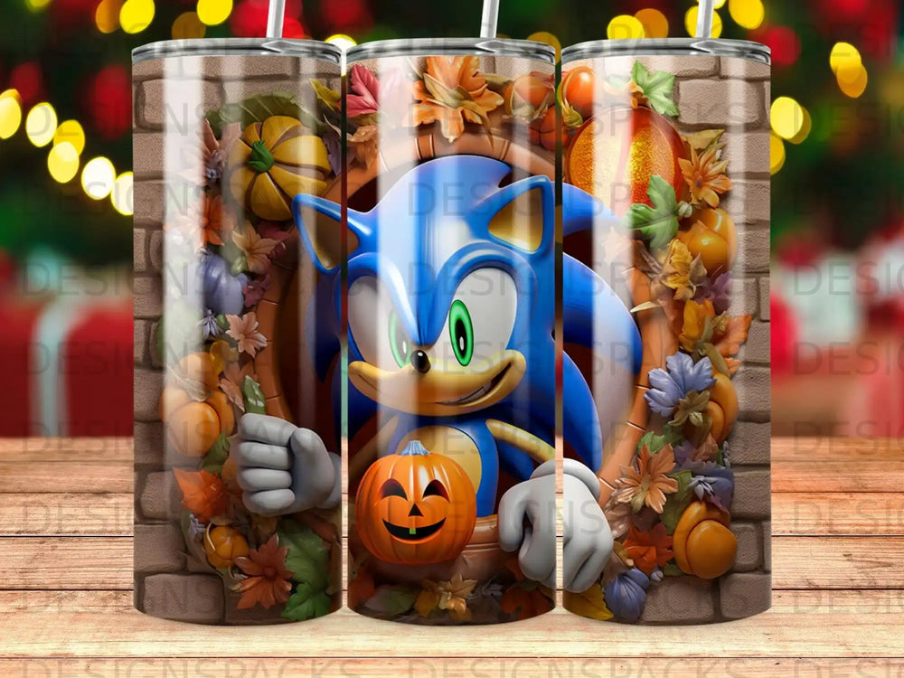 Sonic the Hedgehog with pumpkins and fall leaves, Halloween theme.