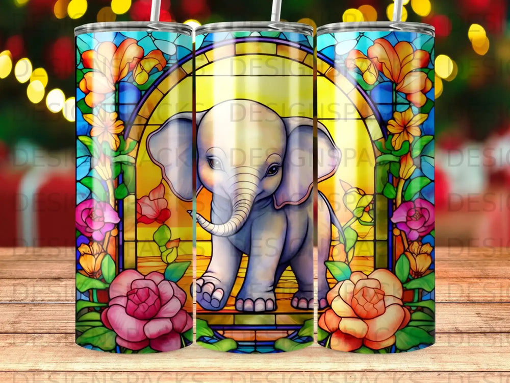 Stained glass elephant with flowers and festive lights.