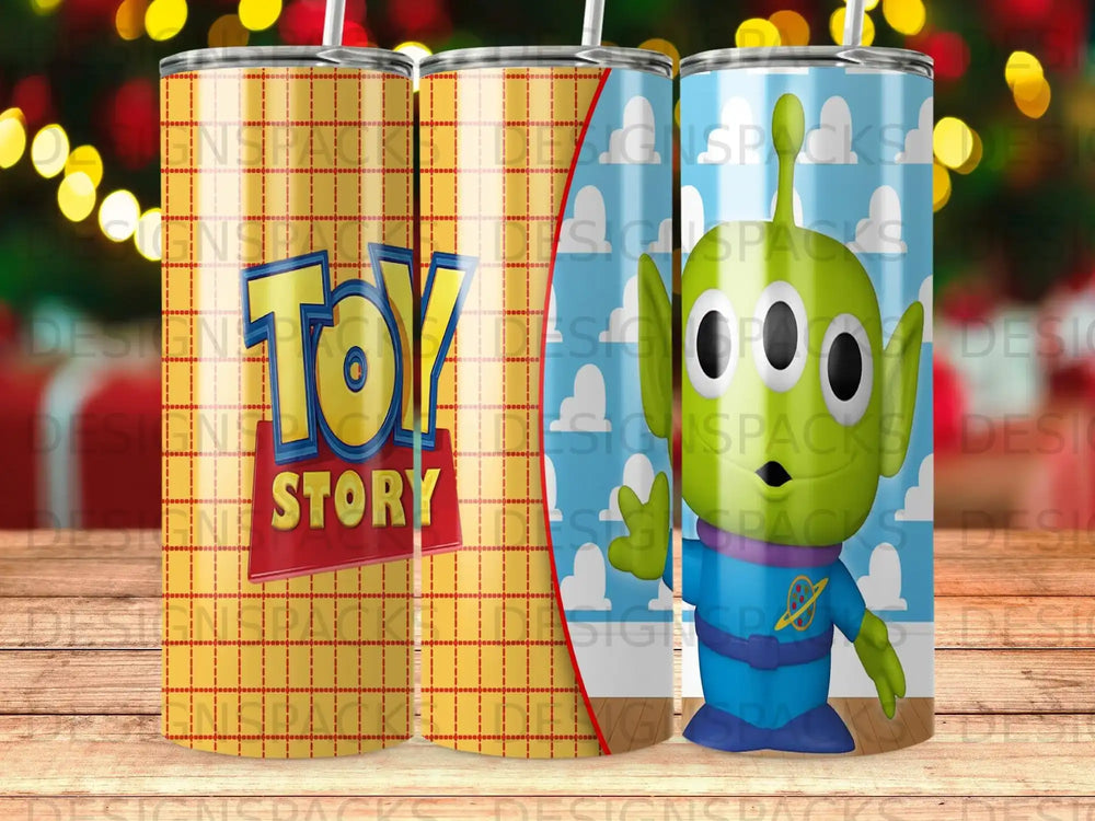 Toy Story alien and text on a cylindrical tumbler.