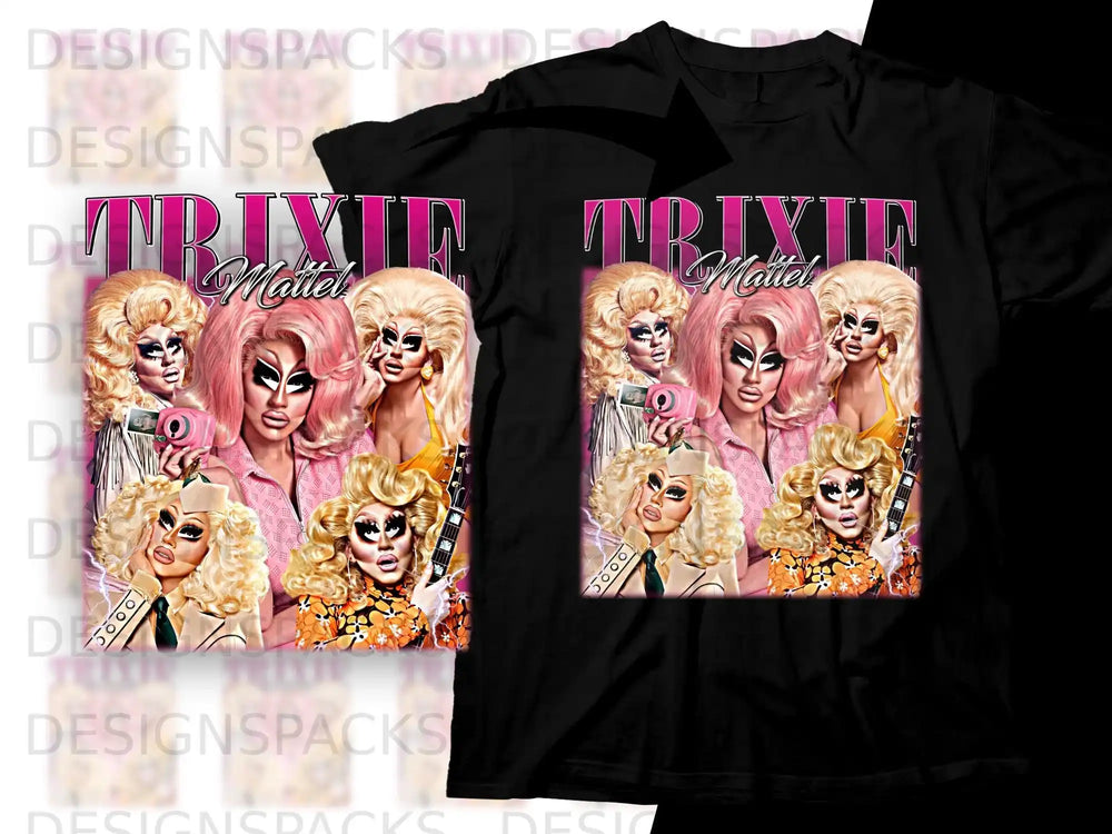 Trixie Mattel in blonde wig and makeup on black t-shirt graphic.