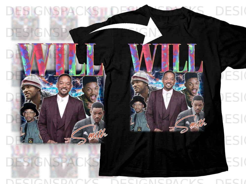 T-shirt featuring collaged portraits of Will Smith with "Will" and "Smith" text.