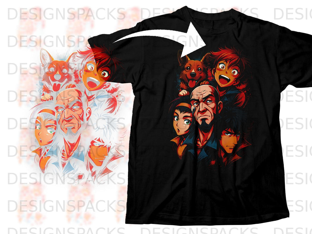Black t-shirt featuring anime-style characters including a corgi and a group of people.