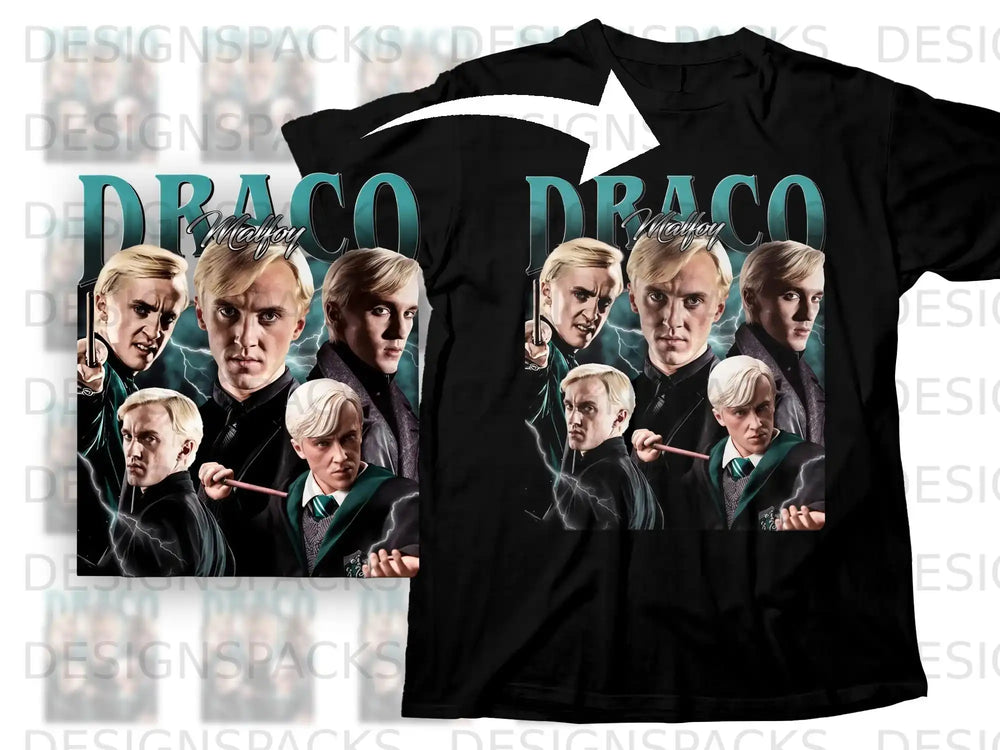 Draco Malfoy collage on black t-shirt.