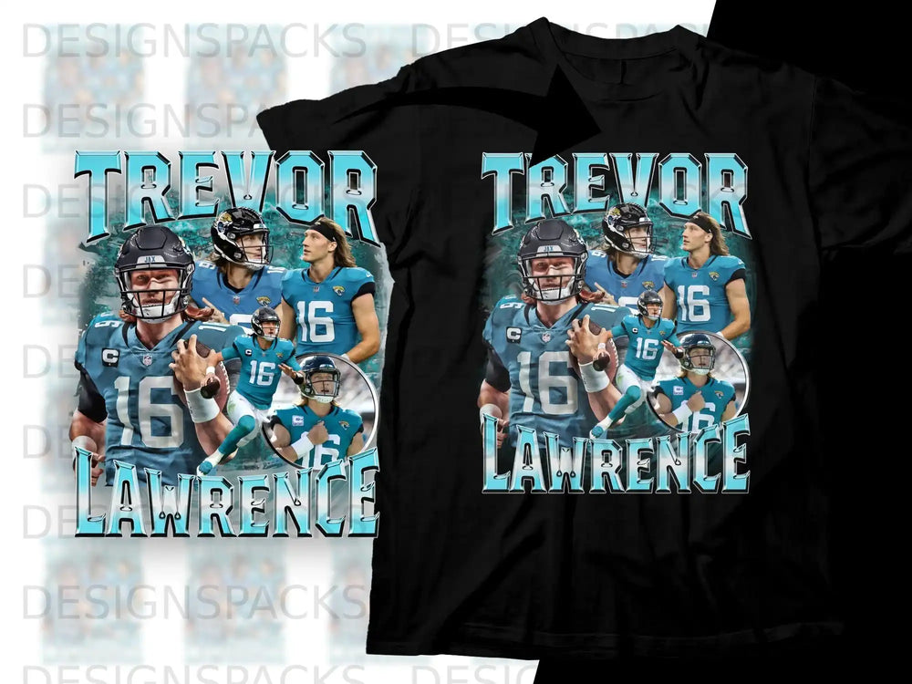 Trevor Lawrence on Jacksonville Jaguars t-shirt with football player graphic.