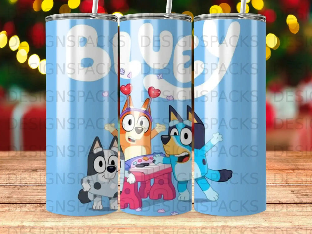 Bluey and Bingo characters playing on a keyboard and colorful toys.