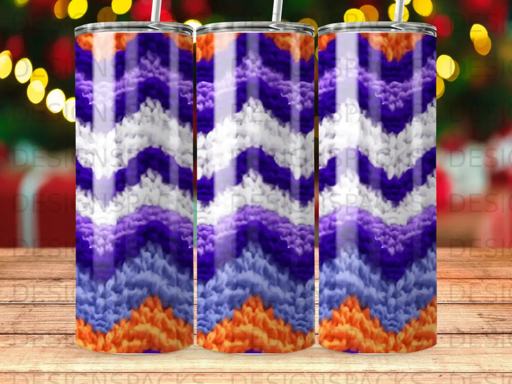 Purple, white, and orange chevron pattern on a tumbler.