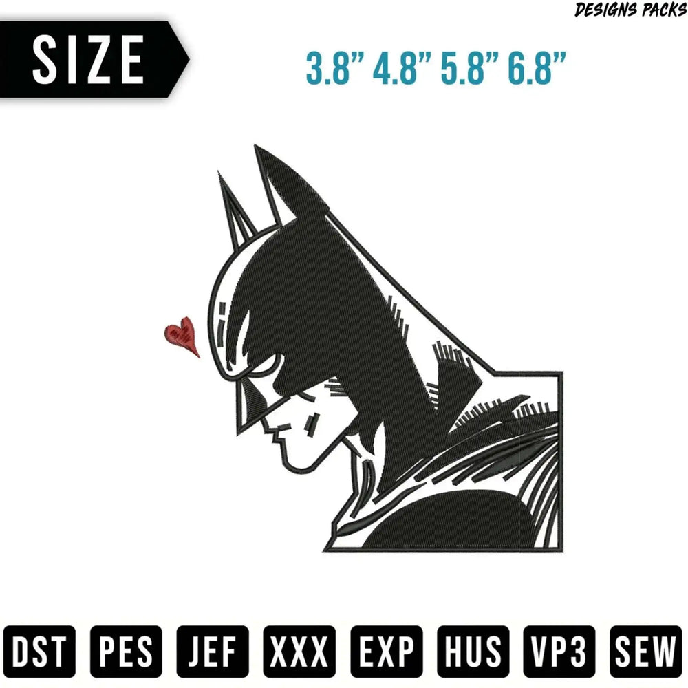 Batman profile with heart, available in multiple sizes and embroidery formats.
