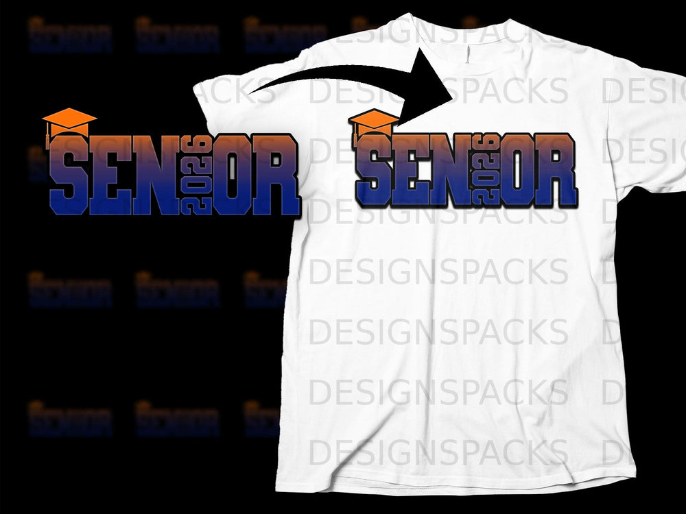Senior 2026 text with graduation cap design on white t-shirt