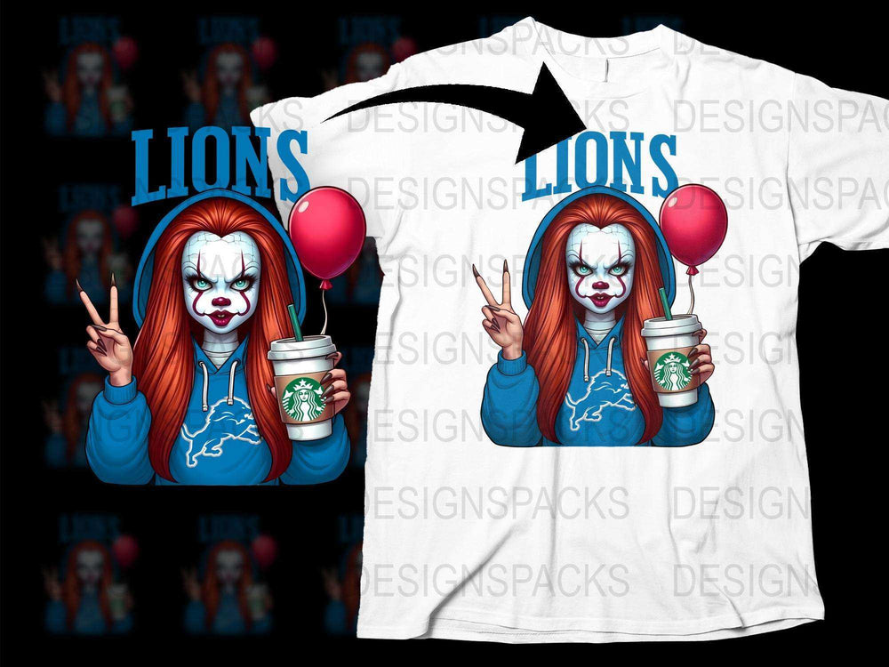 Horror Clown Graphic T-Shirt, Funny Scary Clown Tee, Bright Lions School Mascot, Unisex Horror Clown Shirt with Balloons and Coffee