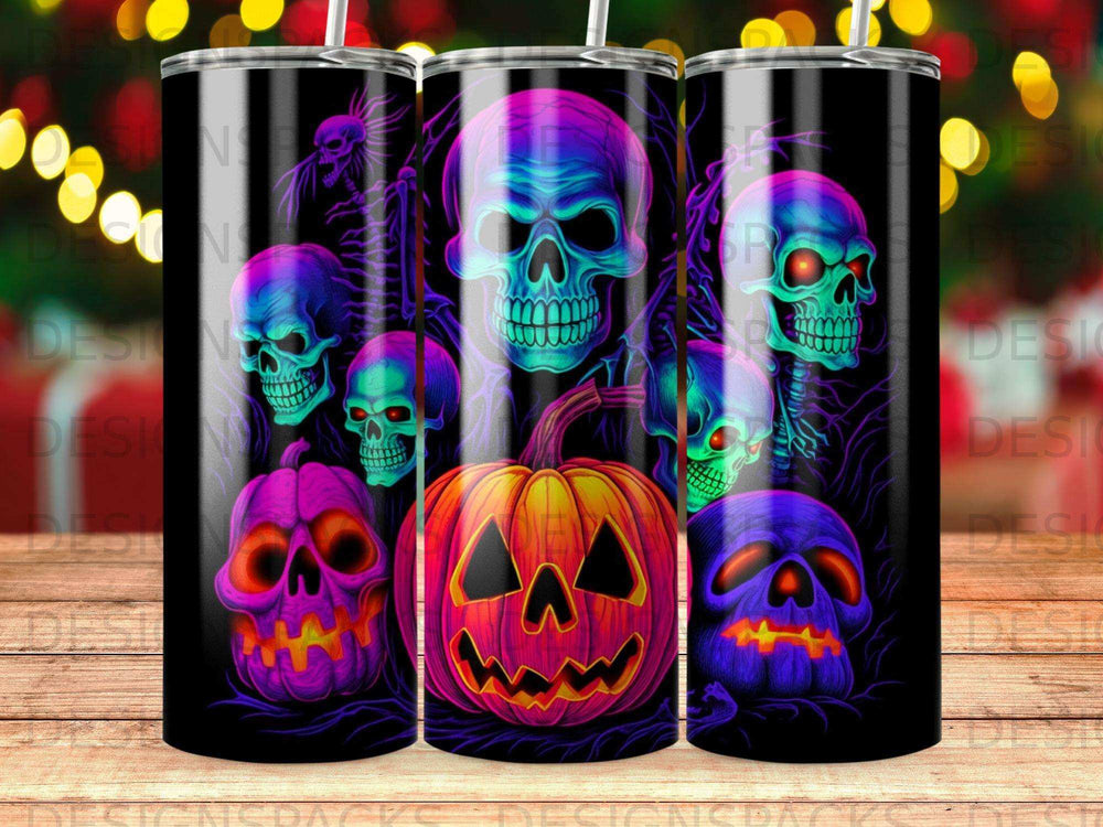 Halloween tumbler with skulls, pumpkin, and spooky details.