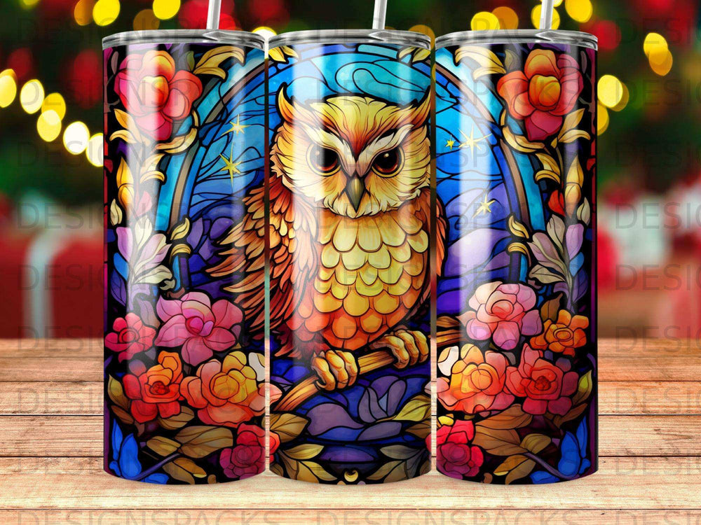 Stained glass owl perched on a branch with floral and starry background.