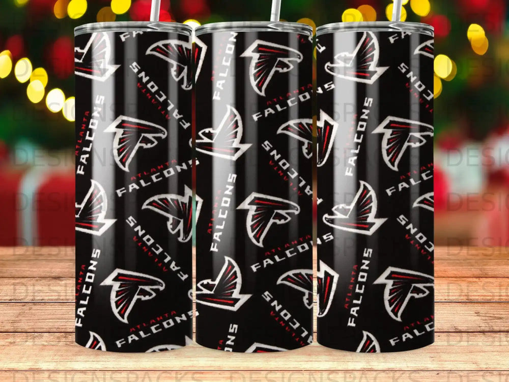 Atlanta Falcons logo pattern on three tumblers with bokeh lights background.