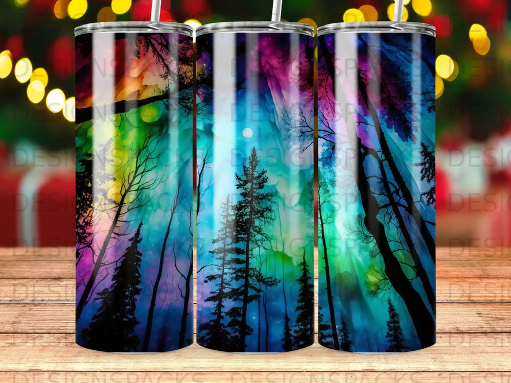 Colorful aurora borealis illuminates silhouetted pine trees on a tumbler.