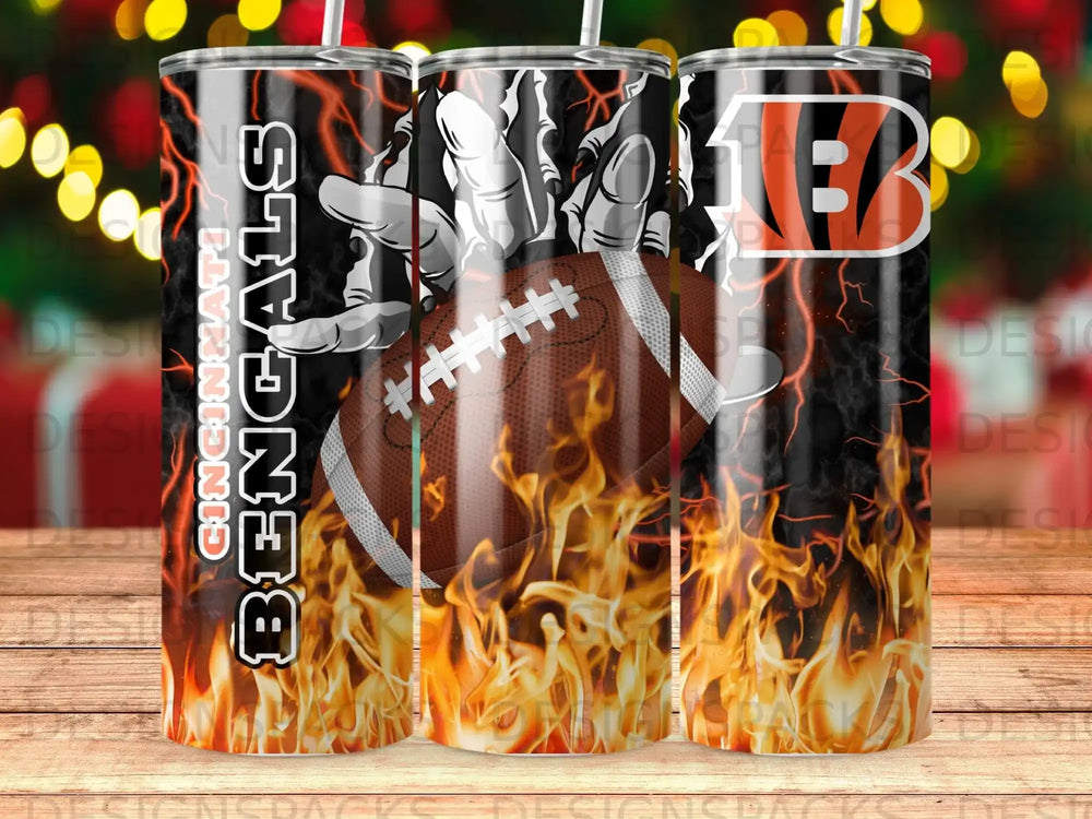 Cincinnati Bengals football tumbler with fiery background and team logo.