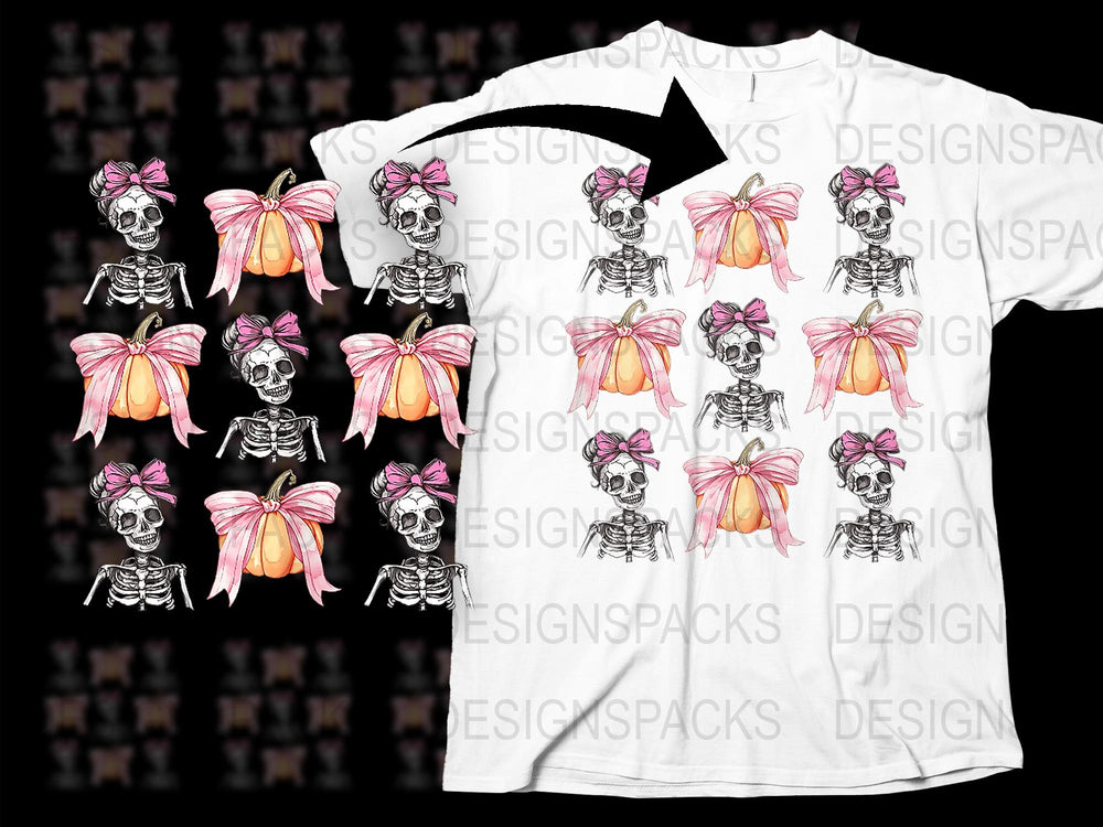 Gothic Skeleton T-Shirt with Pink Bow, Floral Skull Graphic Tee, Unique Grunge Style Clothing for Women and Men