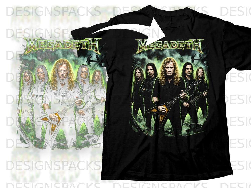 Black t-shirt with the Megadeth band logo and artwork of the band members.
