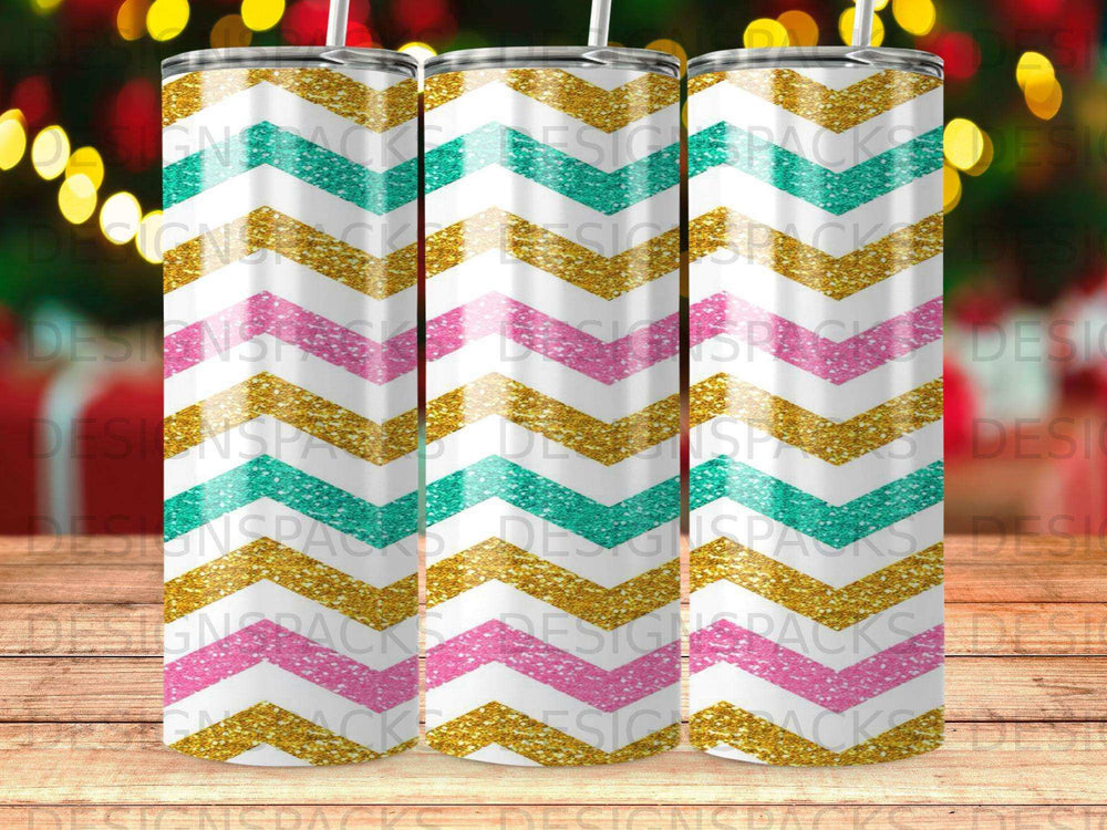 Three tumblers with pink, gold, and teal chevron pattern.