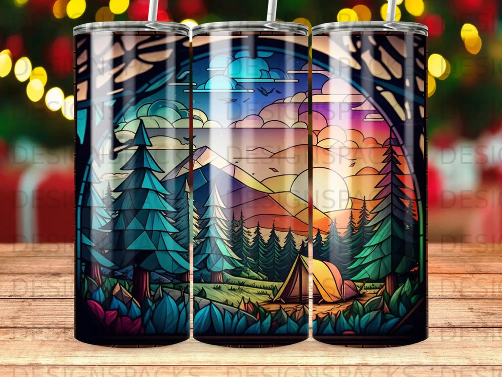 Camp scene with mountains and trees inside a circular archway, illustrated.
