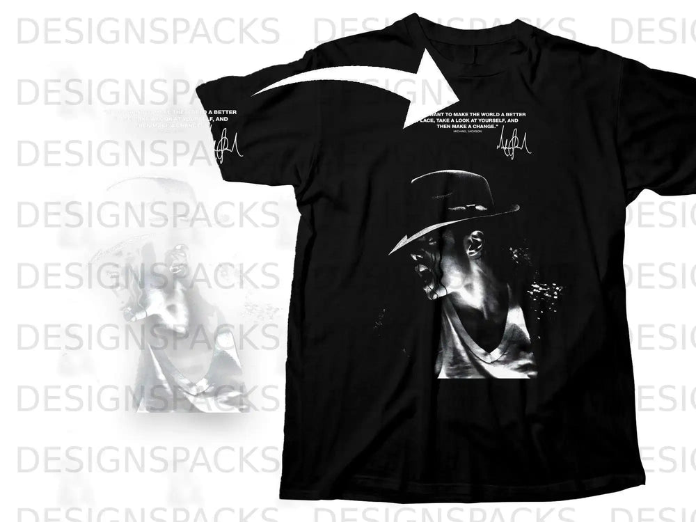 Black t-shirt with Michael Jackson portrait and quote.