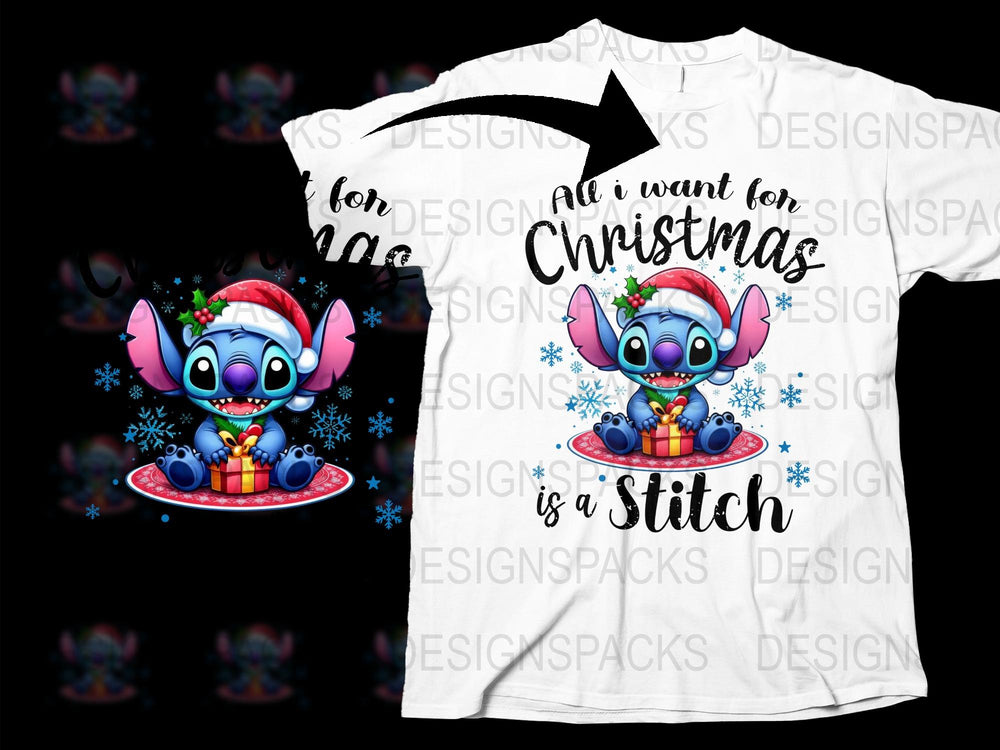 Stitch Christmas T-Shirt, All I Want for Christmas, Holiday Gift Idea, Festive Cartoon Character Tee, Winter Apparel