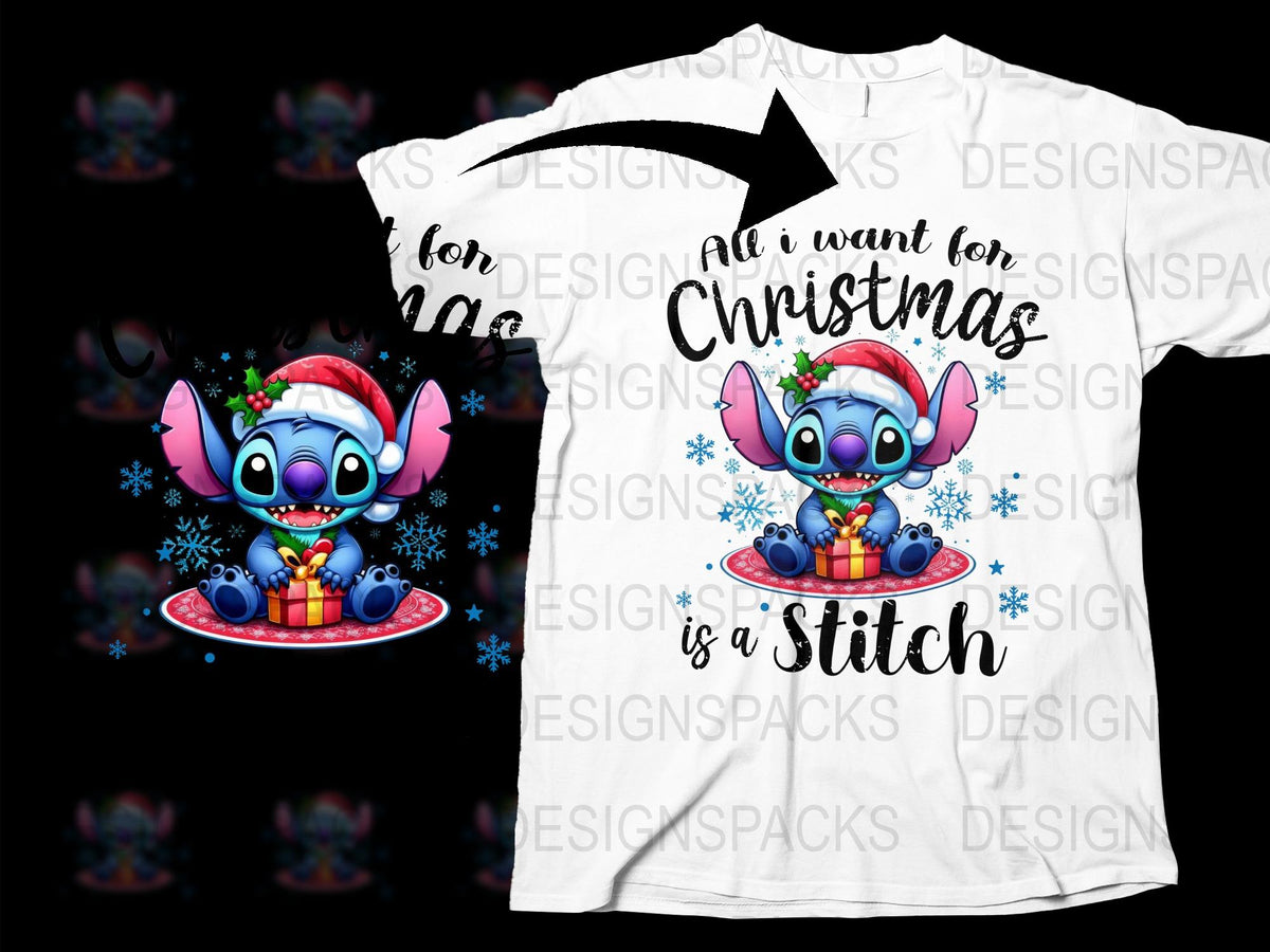 Stitch Christmas T-Shirt, All I Want for Christmas, Holiday Gift Idea, Festive Cartoon Character Tee, Winter Apparel