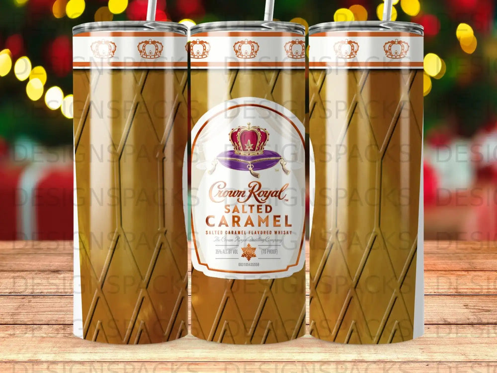 Crown Royal Salted Caramel whiskey bottle and packaging with holiday lights.