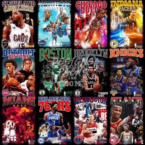 Basketball team designs for DTF/DTG, embroidery, and tumbler wraps featuring NBA players and logos