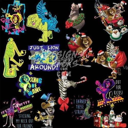 Print-ready DTF/DTG designs featuring festive lions, zebras, and holiday characters for t-shirts and tumblers.