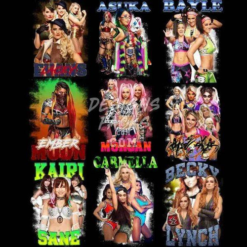WWE women wrestlers collage with Evans, Asuka, Bayley, Ember Moon, Morgan, Carmella, Kai, Sane, Becky Lynch
