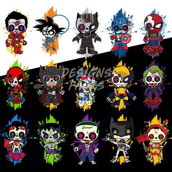Chibi sugar skull superhero designs for DTF, DTG, embroidery — print-ready PNG, SVG, PES bundles