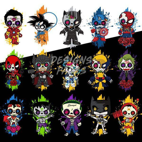 Chibi sugar skull superhero designs for DTF, DTG, embroidery — print-ready PNG, SVG, PES bundles