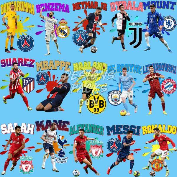Soccer player designs for DTF/DTG, embroidery, and tumbler wraps with team logos and vibrant splashes.