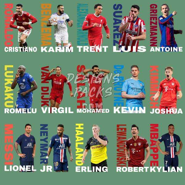 Soccer player collage with print-ready designs for DTF, DTG, embroidery, and tumbler wraps
