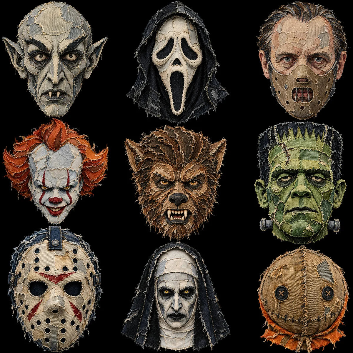 15 Halloween Patch Denim Slasher Horror Big Faces Designs Bundle PNG