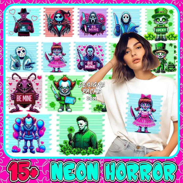 15 Neon Horror Halloween Designs Bundle Png