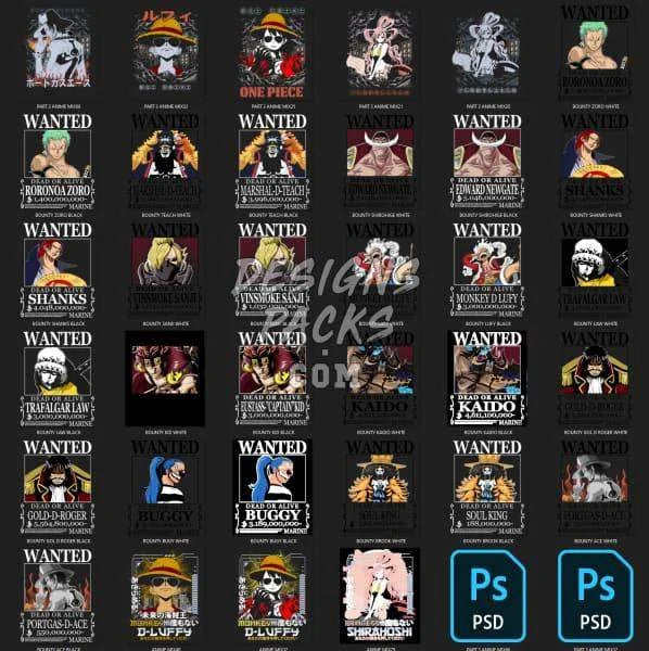 15 One Piece Wanted Designs Bundle PNG PSD